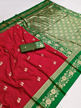 Fragrant Red Pure Zari Weaving Banarasi Silk Saree With Mesmeric Blouse Piece