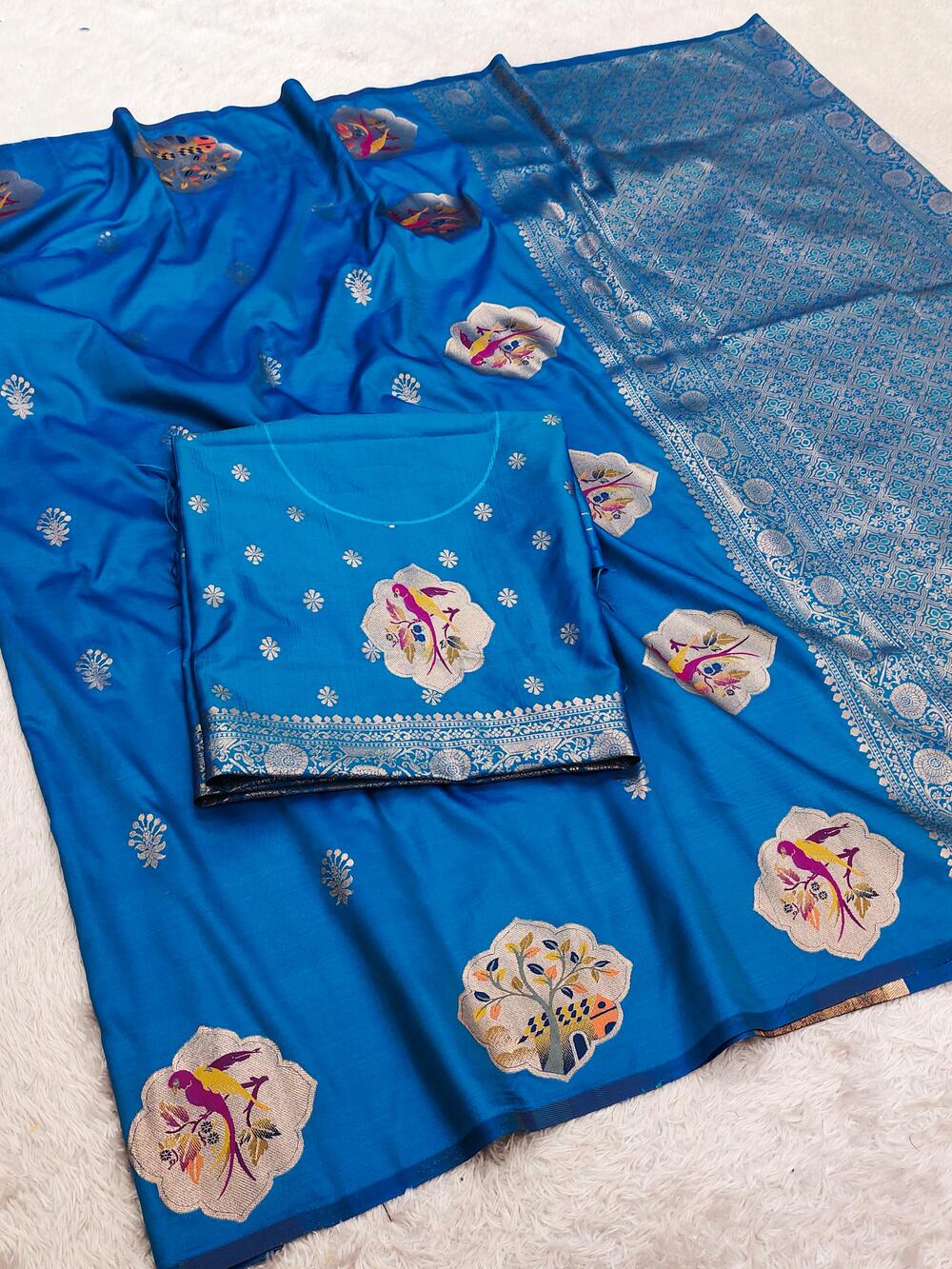 Ideal Blue Pure Zari Weaving Banarasi Silk Saree With Imaginative Blouse Piece