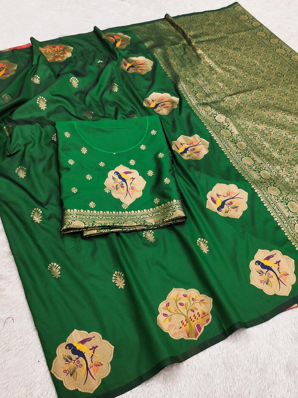 Appealing Dark Green Pure Zari Weaving Banarasi Silk Saree With Elision Blouse Piece