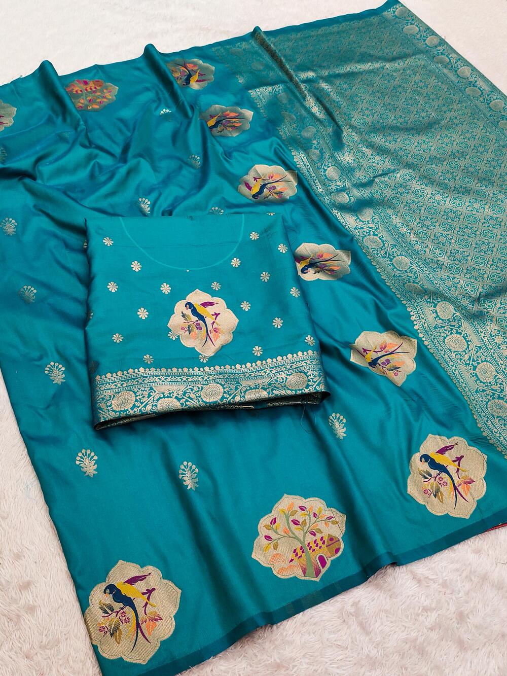 Conflate Firozi Pure Zari Weaving Banarasi Silk Saree With Energetic Blouse Piece