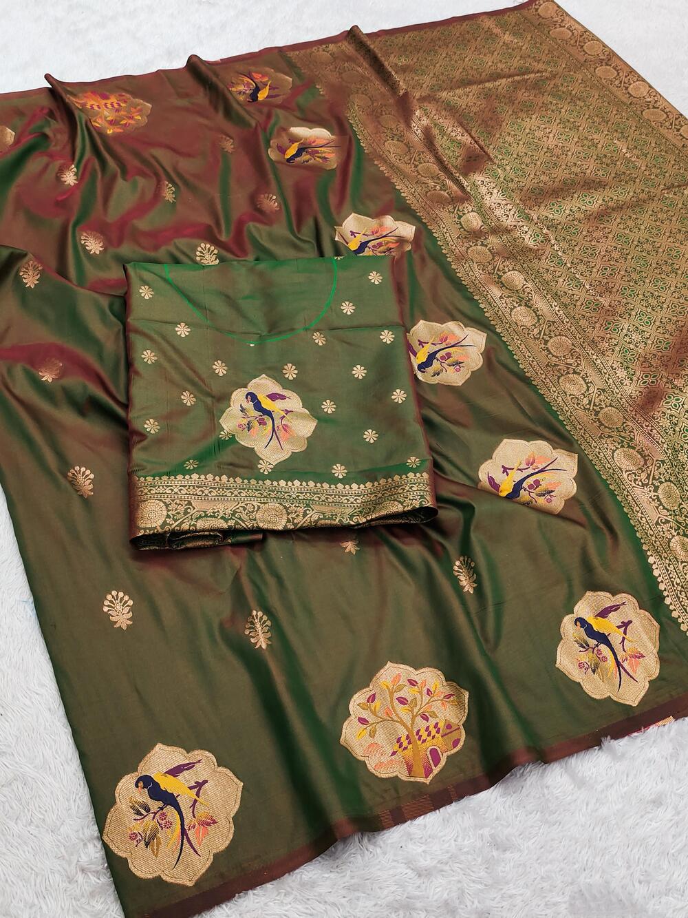 Brood Green Pure Zari Weaving Banarasi Silk Saree With Adorable Blouse Piece