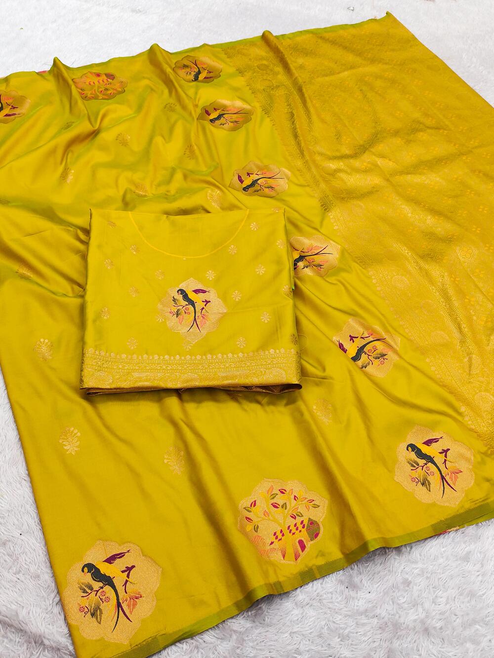 Vibrant Mustard Pure Zari Weaving Banarasi Silk Saree With Verdant Blouse Piece