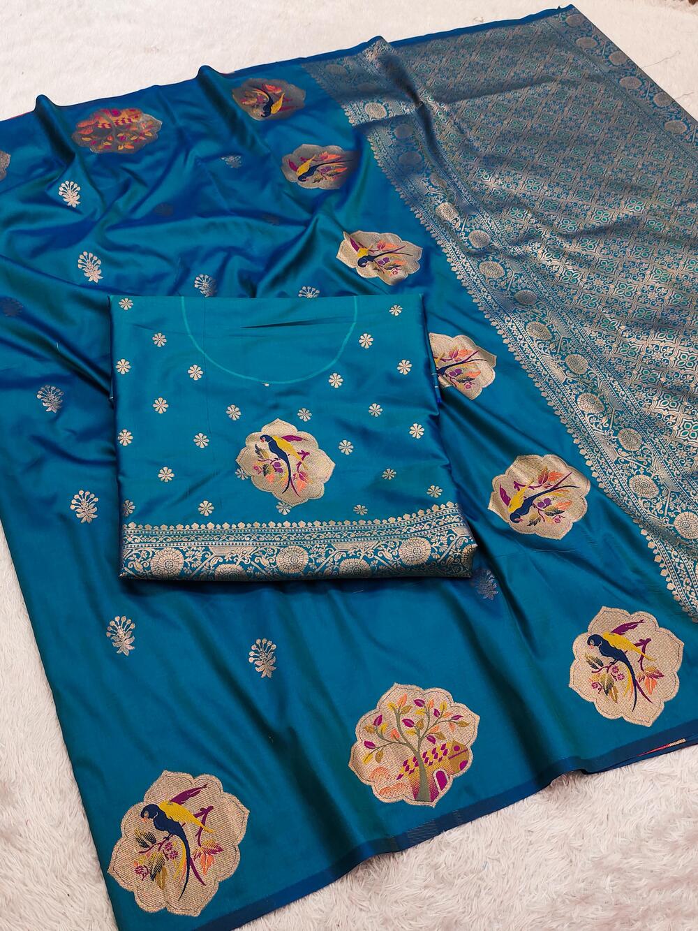 Admirable Teal Blue Pure Zari Weaving Banarasi Silk Saree With Pretty Blouse Piece