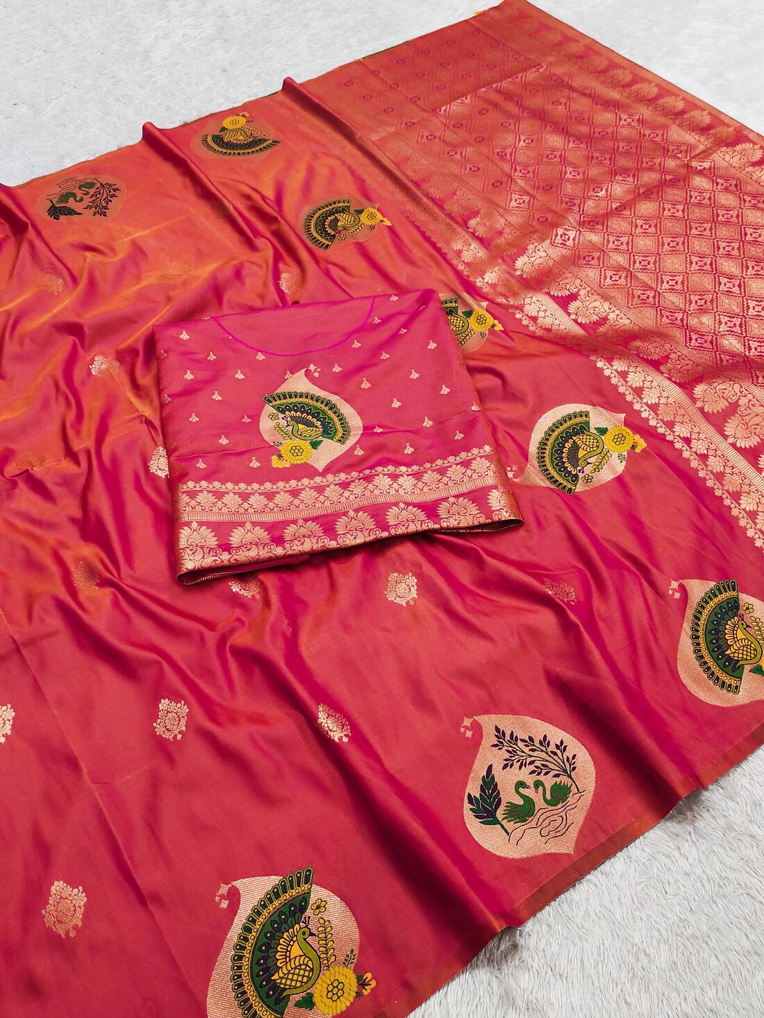 Panache Pink Pure Zari Weaving Banarasi Silk Saree With Ravishing Blouse Piece