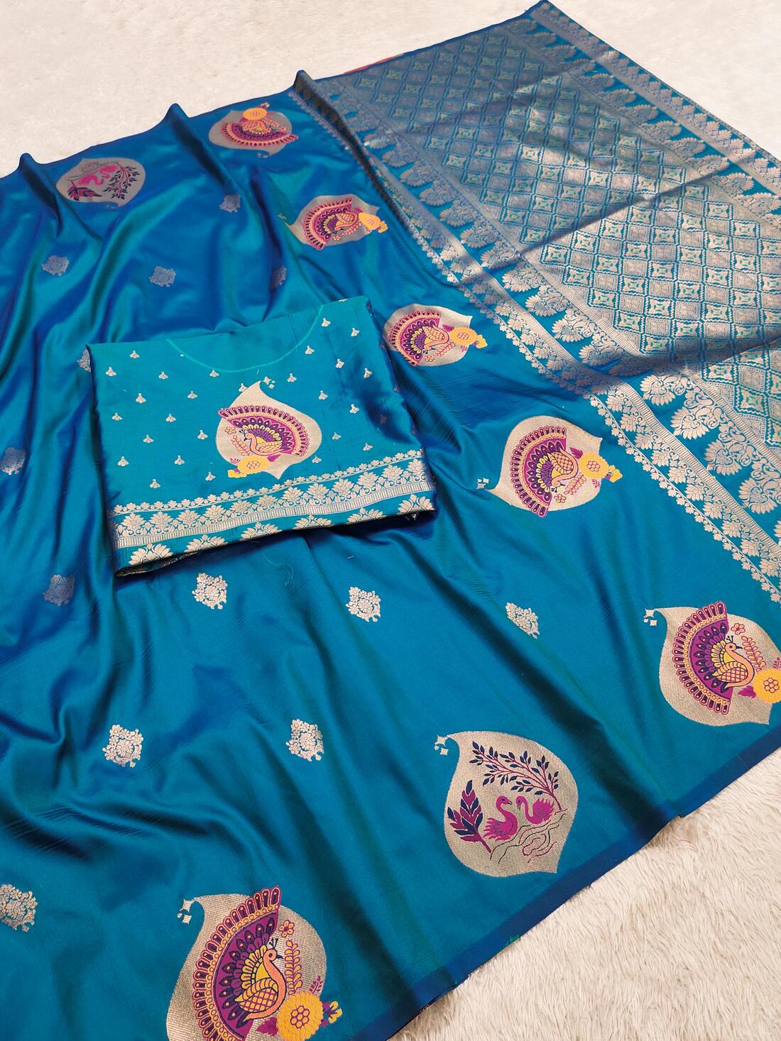 Demure Teal Blue Pure Zari Weaving Banarasi Silk Saree With Gleaming Blouse Piece