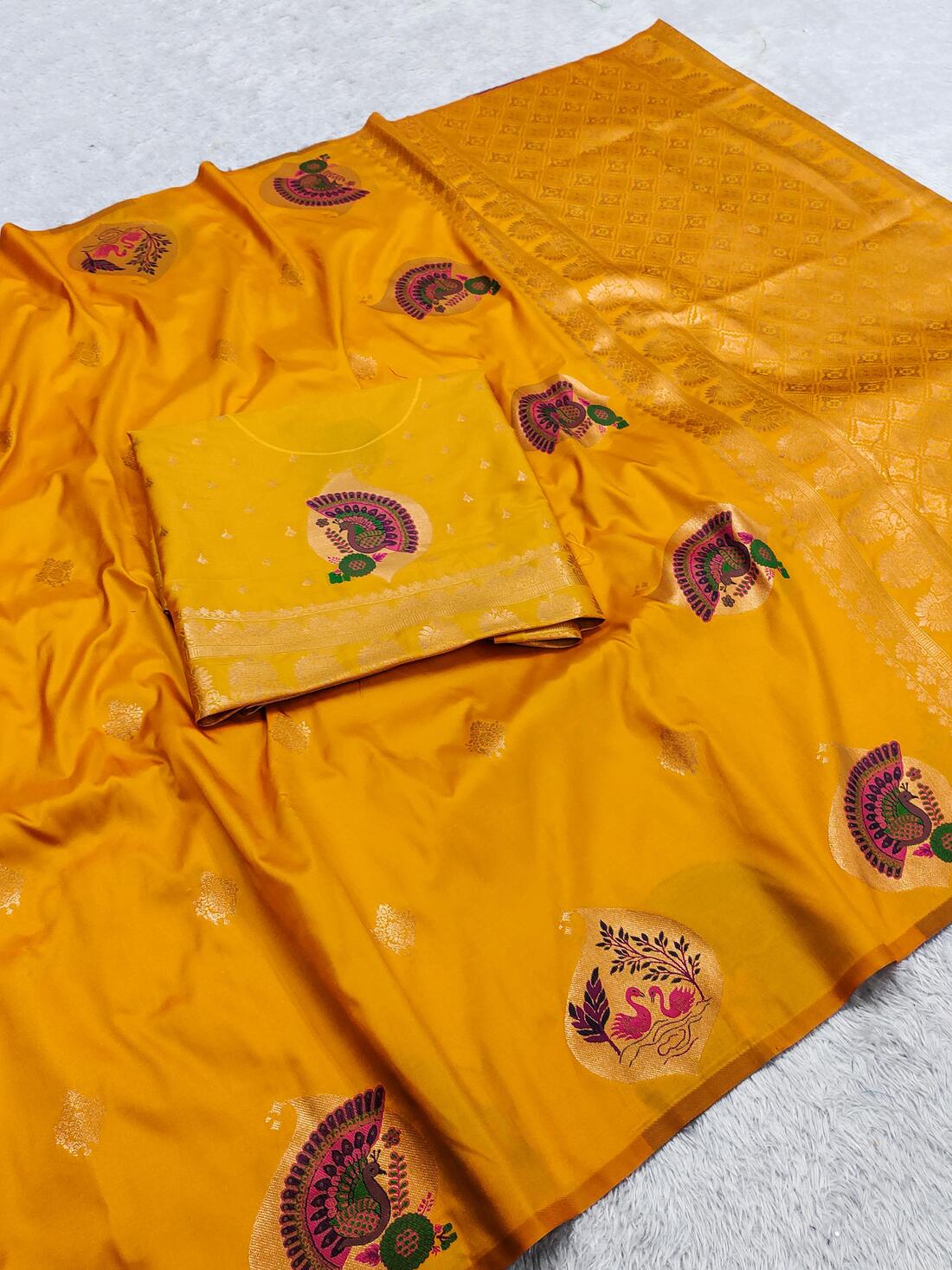 Scintilla Yellow Pure Zari Weaving Banarasi Silk Saree With Beguiling Blouse Piece