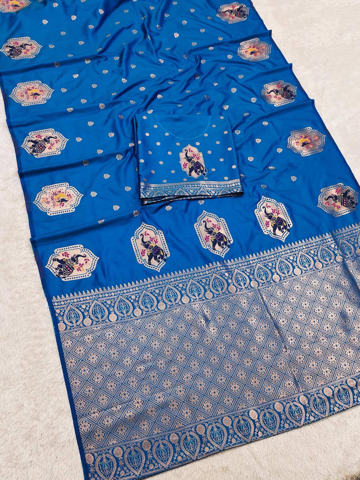 Woebegone Blue Pure Zari Weaving Banarasi Silk Saree With Palimpsest Blouse Piece