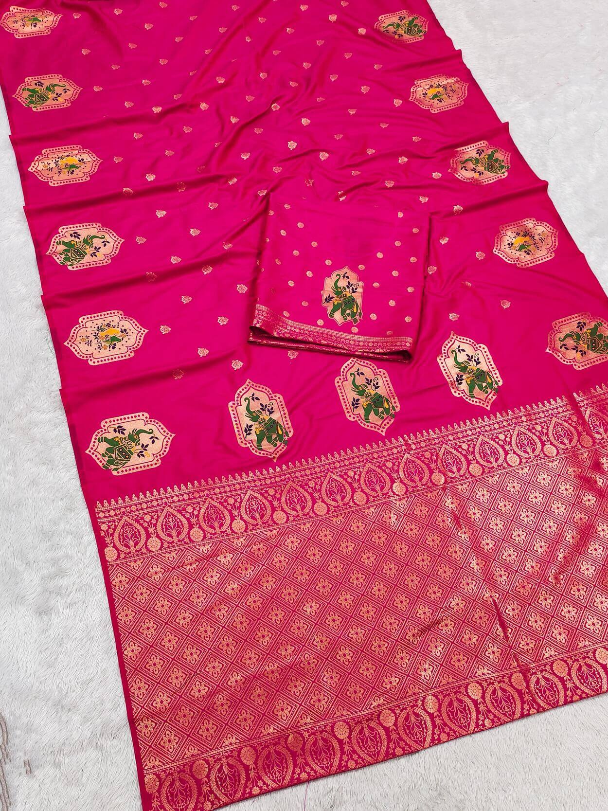 Mellifluous Dark Pink Pure Zari Weaving Banarasi Silk Saree With Magnificat Blouse Piece