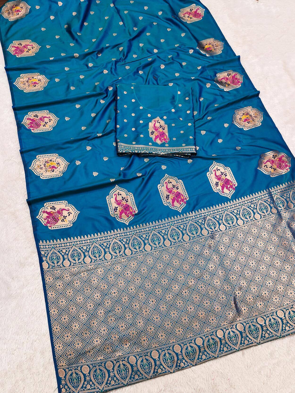 Imbrication Teal Blue Pure Zari Weaving Banarasi Silk Saree With Serendipity Blouse Piece