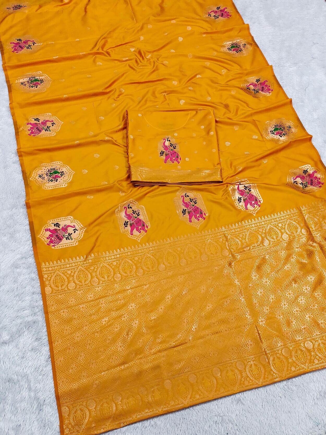 Angelic Yellow Pure Zari Weaving Banarasi Silk Saree With Ornate Blouse Piece