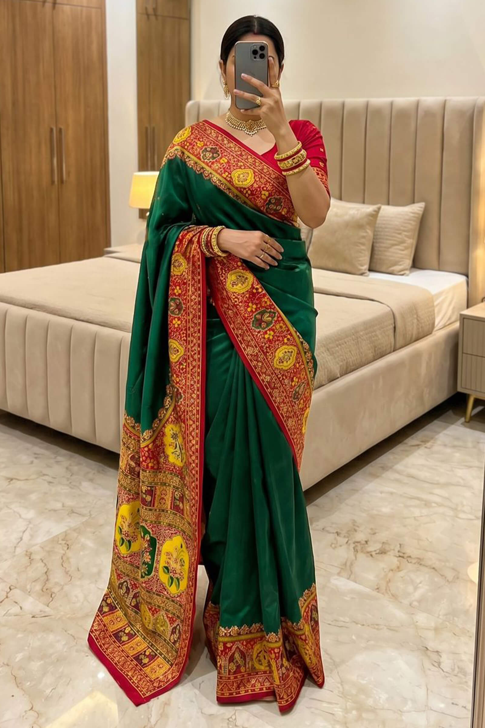 Beleaguer Dark Green Pashmina Silk Saree With Flamboyant Blouse Piece