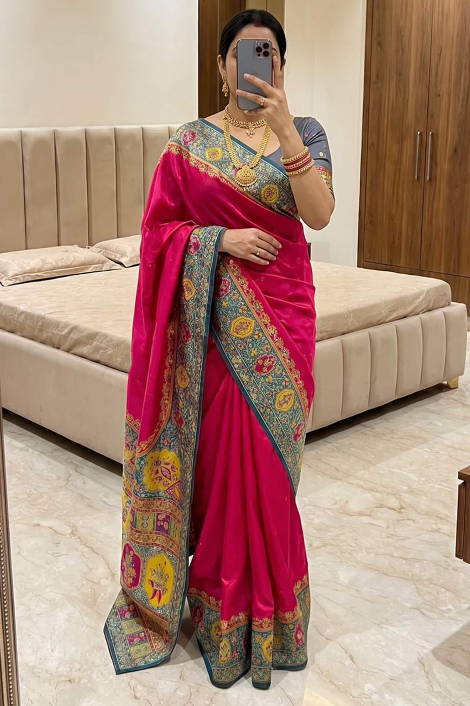 Mellifluous Dark Pink Pashmina Silk Saree With Ailurophile Blouse Piece
