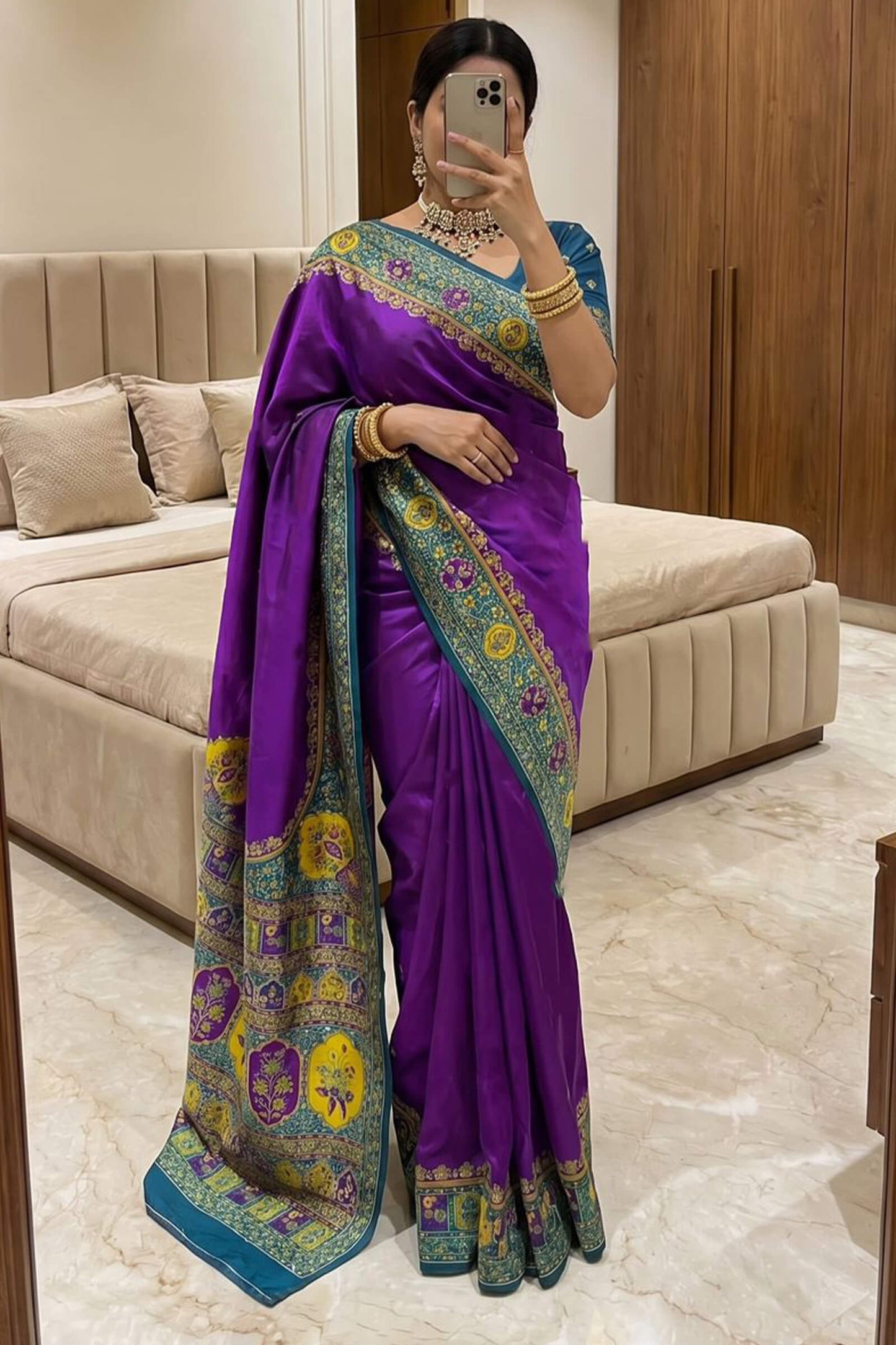 Symmetrical Royal Purple Pashmina Silk Saree With Cynosure Blouse Piece