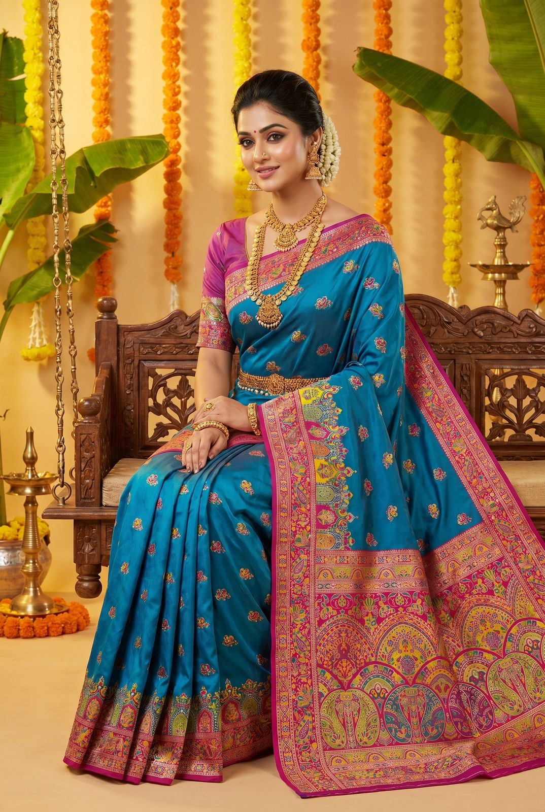 Preferable Blue Pashmina Silk Saree With Precious Blouse Piece