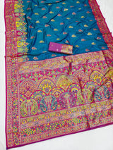 Preferable Blue Pashmina Silk Saree With Precious Blouse Piece
