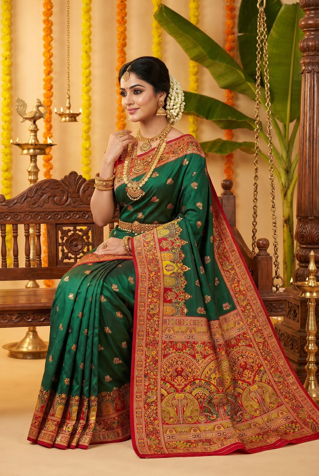 Ideal Dark Green Pashmina Silk Saree With Resplendent Blouse Piece