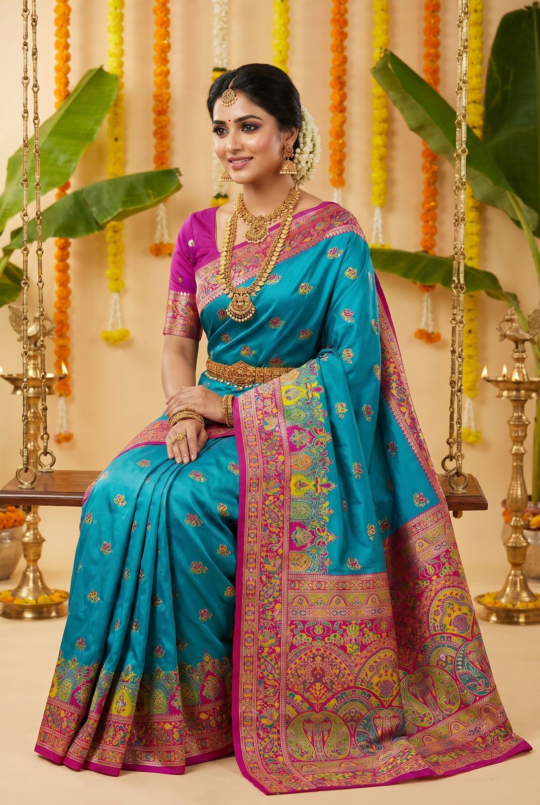 Phenomenal Firozi Pashmina Silk Saree With Symmetrical Blouse Piece
