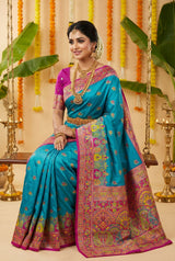 Phenomenal Firozi Pashmina Silk Saree With Symmetrical Blouse Piece