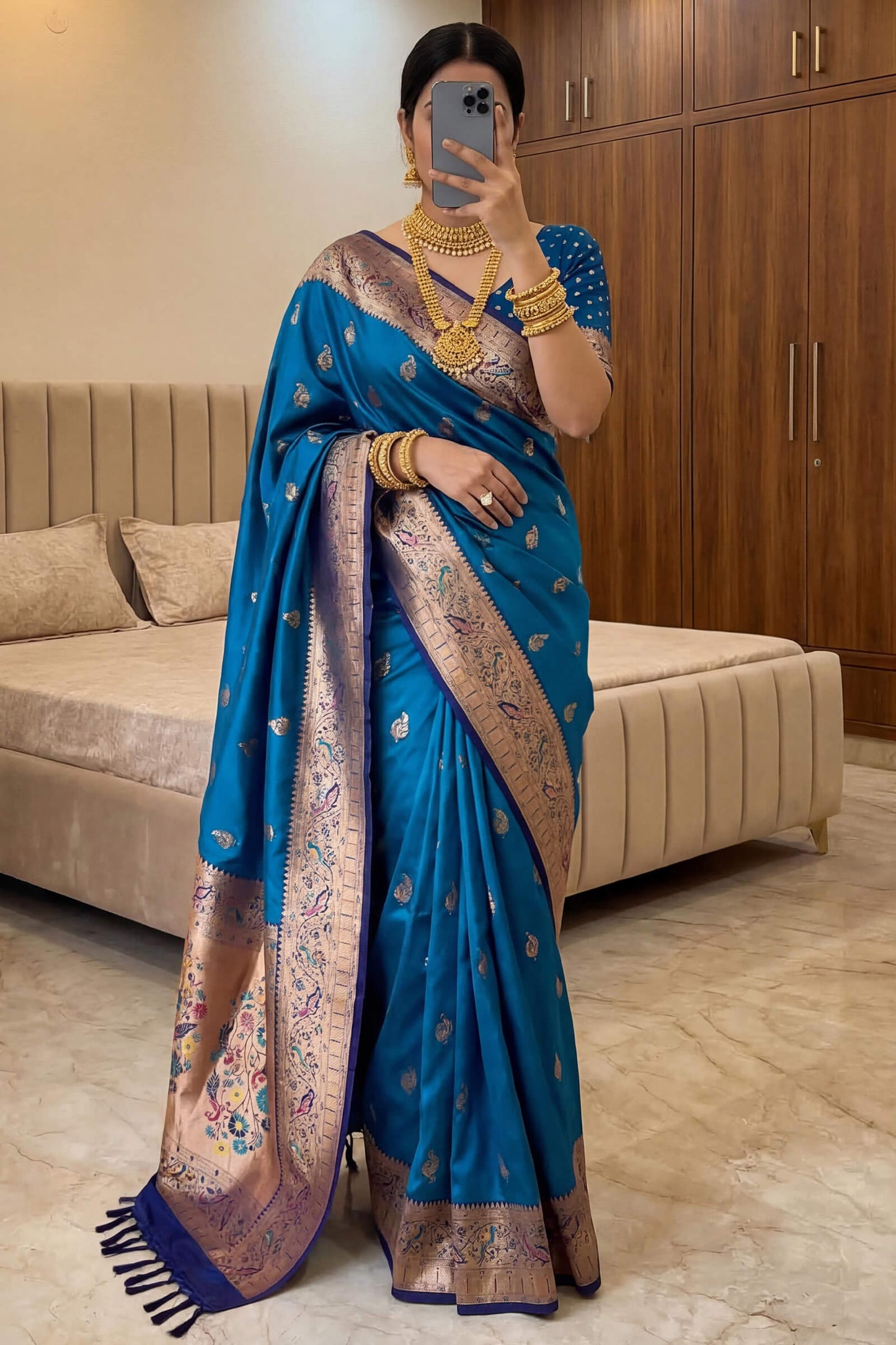 Eloquence Blue Paithani Silk Saree With Traditional Blouse Piece