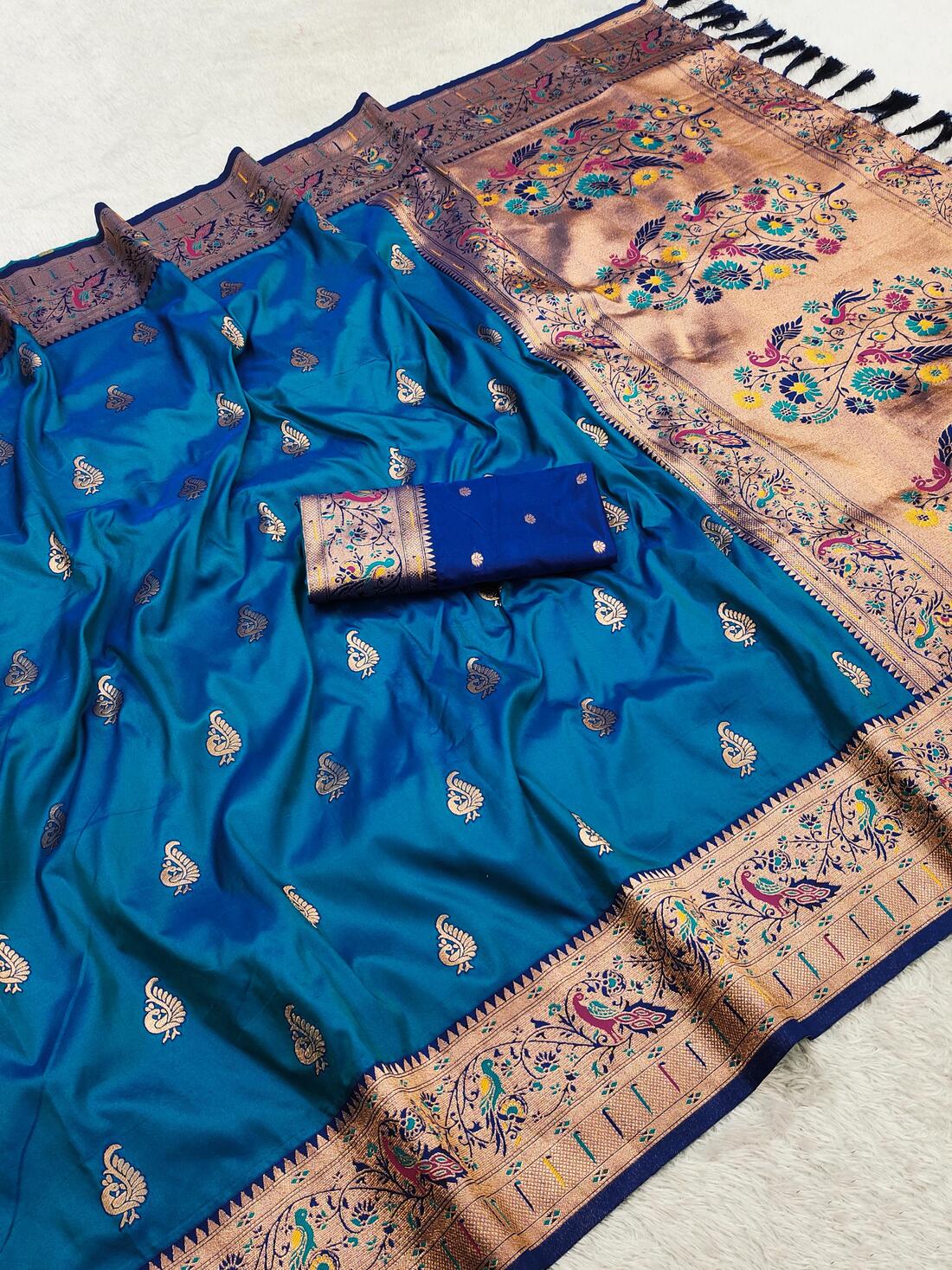 Eloquence Blue Paithani Silk Saree With Traditional Blouse Piece