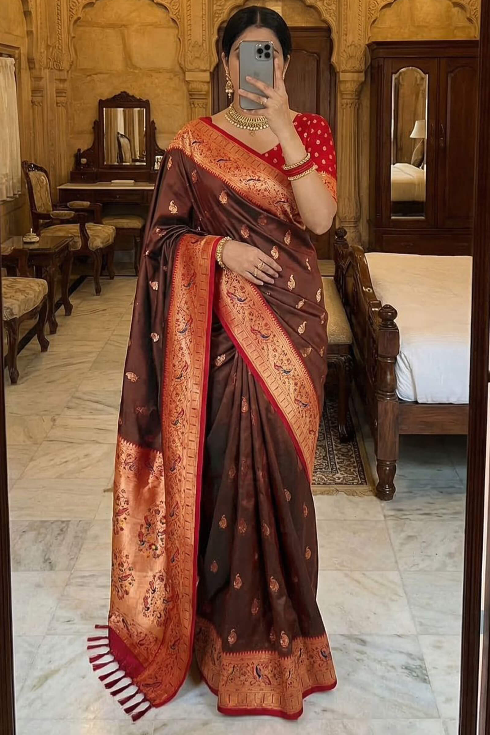 Charismatic Brown Paithani Silk Saree With Redolent Blouse Piece