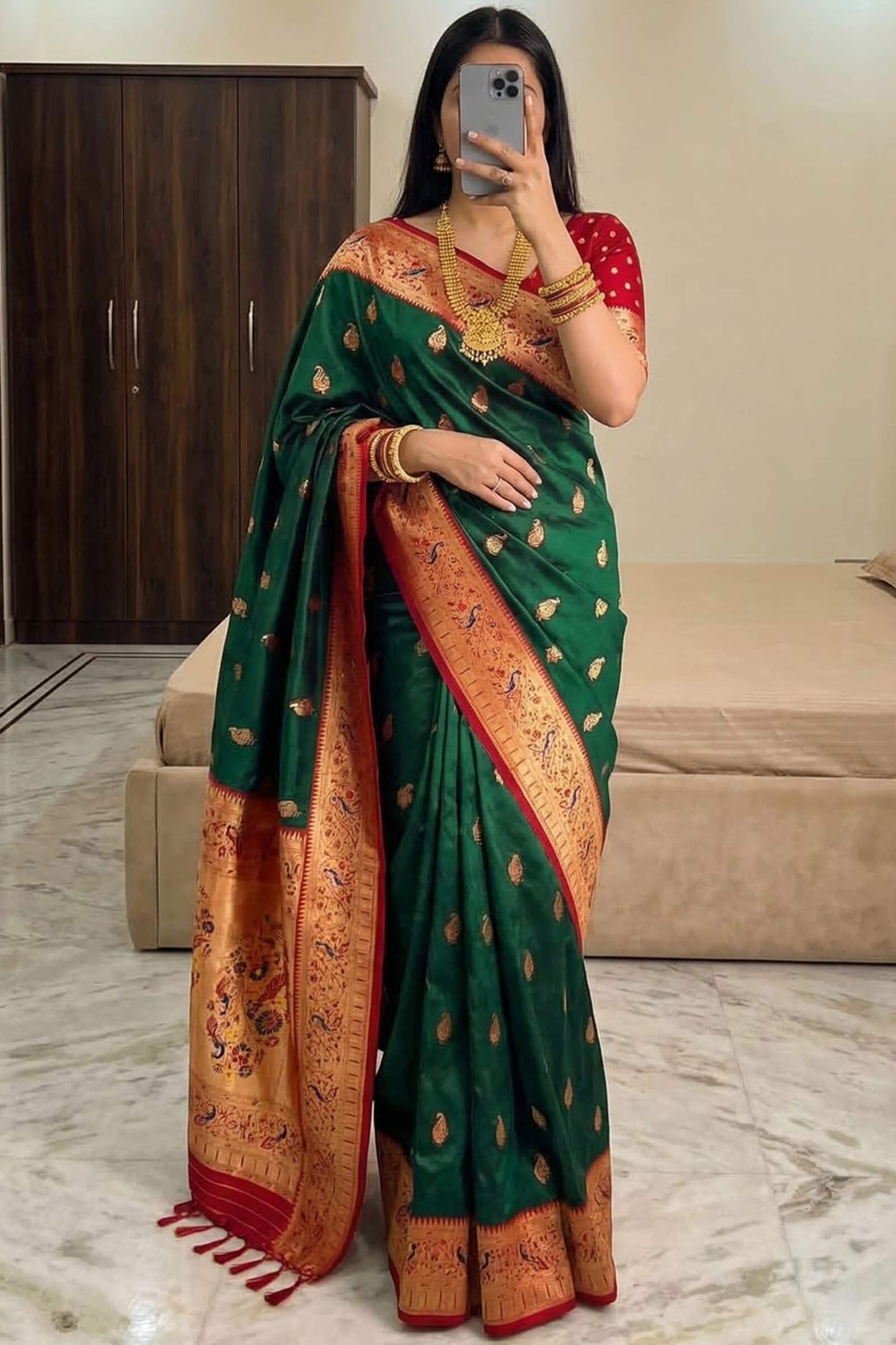 Petrichor Dark Green Paithani Silk Saree With Embellished Blouse Piece