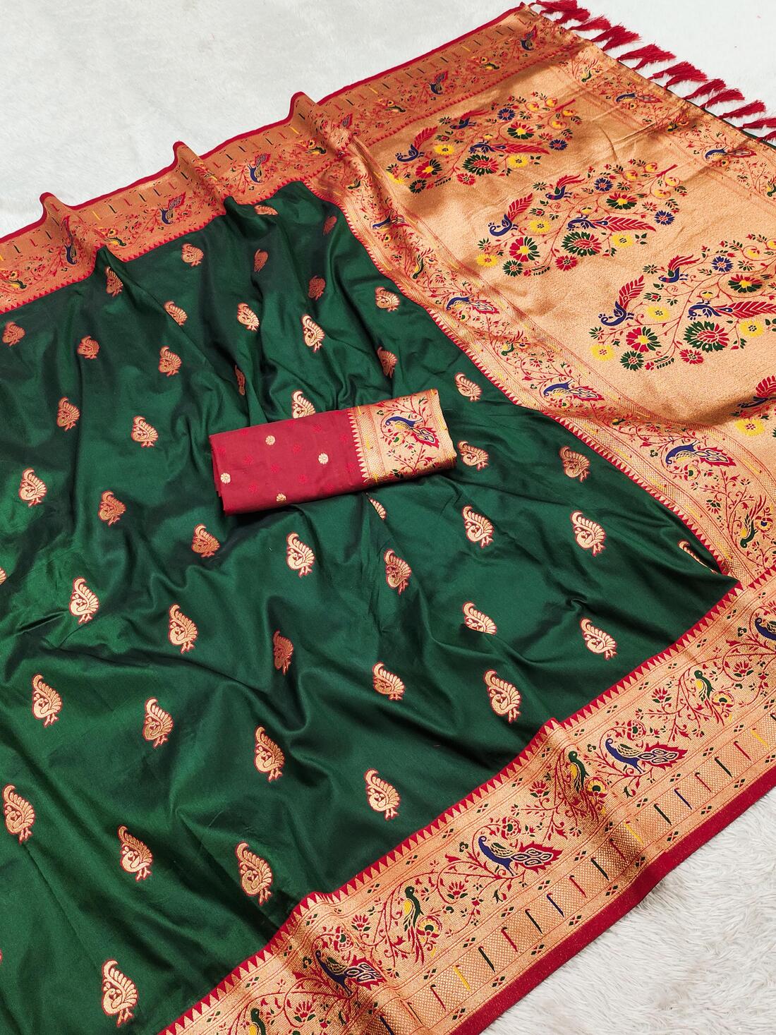 Petrichor Dark Green Paithani Silk Saree With Embellished Blouse Piece