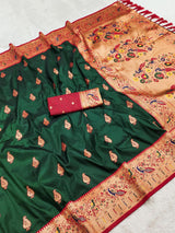 Petrichor Dark Green Paithani Silk Saree With Embellished Blouse Piece