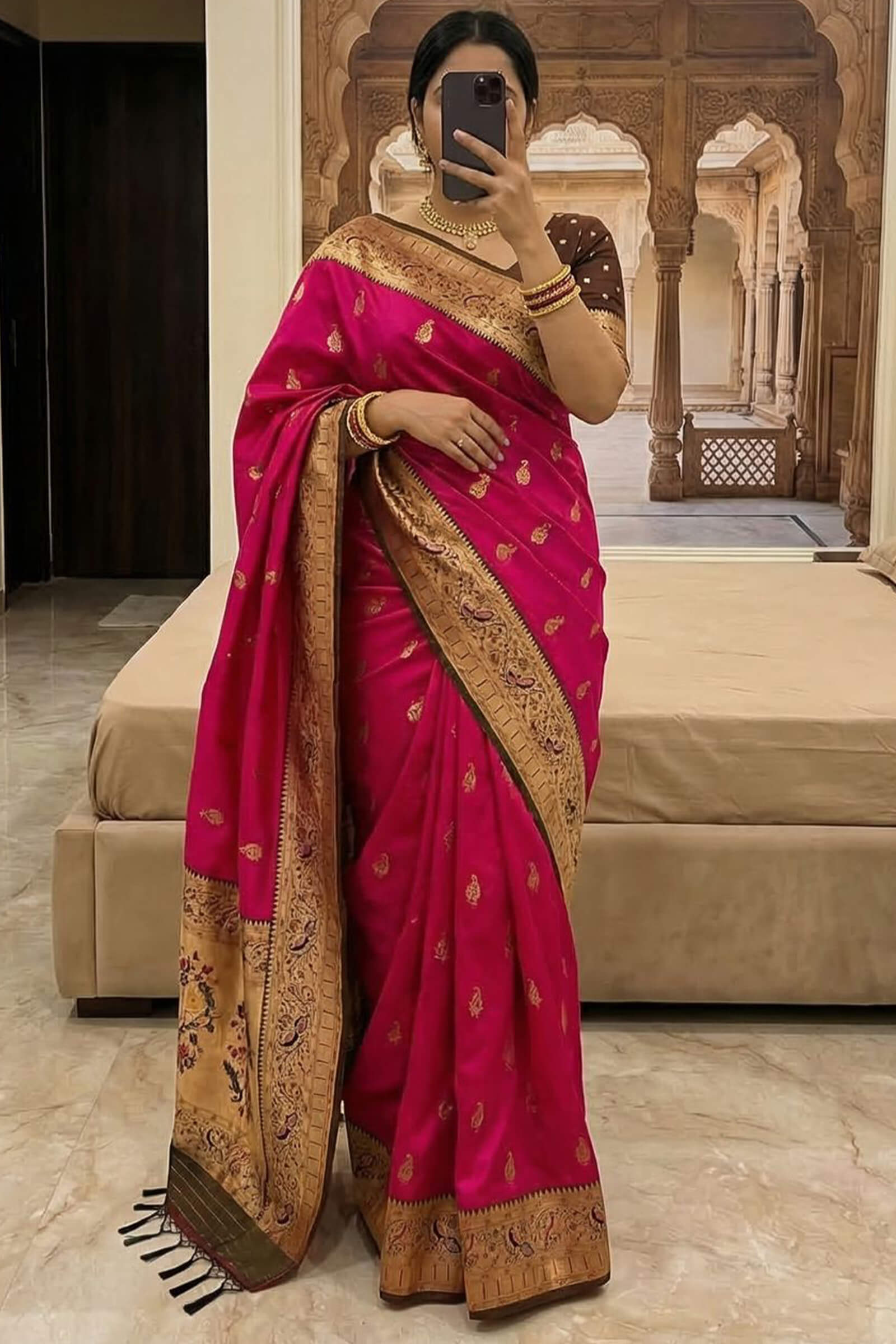 Posh Dark Pink Paithani Silk Saree With Pretty Blouse Piece