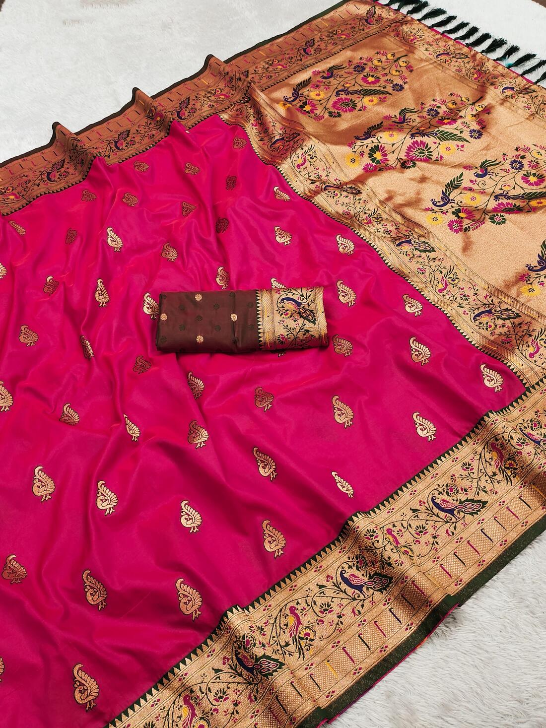 Posh Dark Pink Paithani Silk Saree With Pretty Blouse Piece