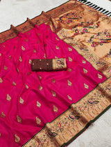 Posh Dark Pink Paithani Silk Saree With Pretty Blouse Piece