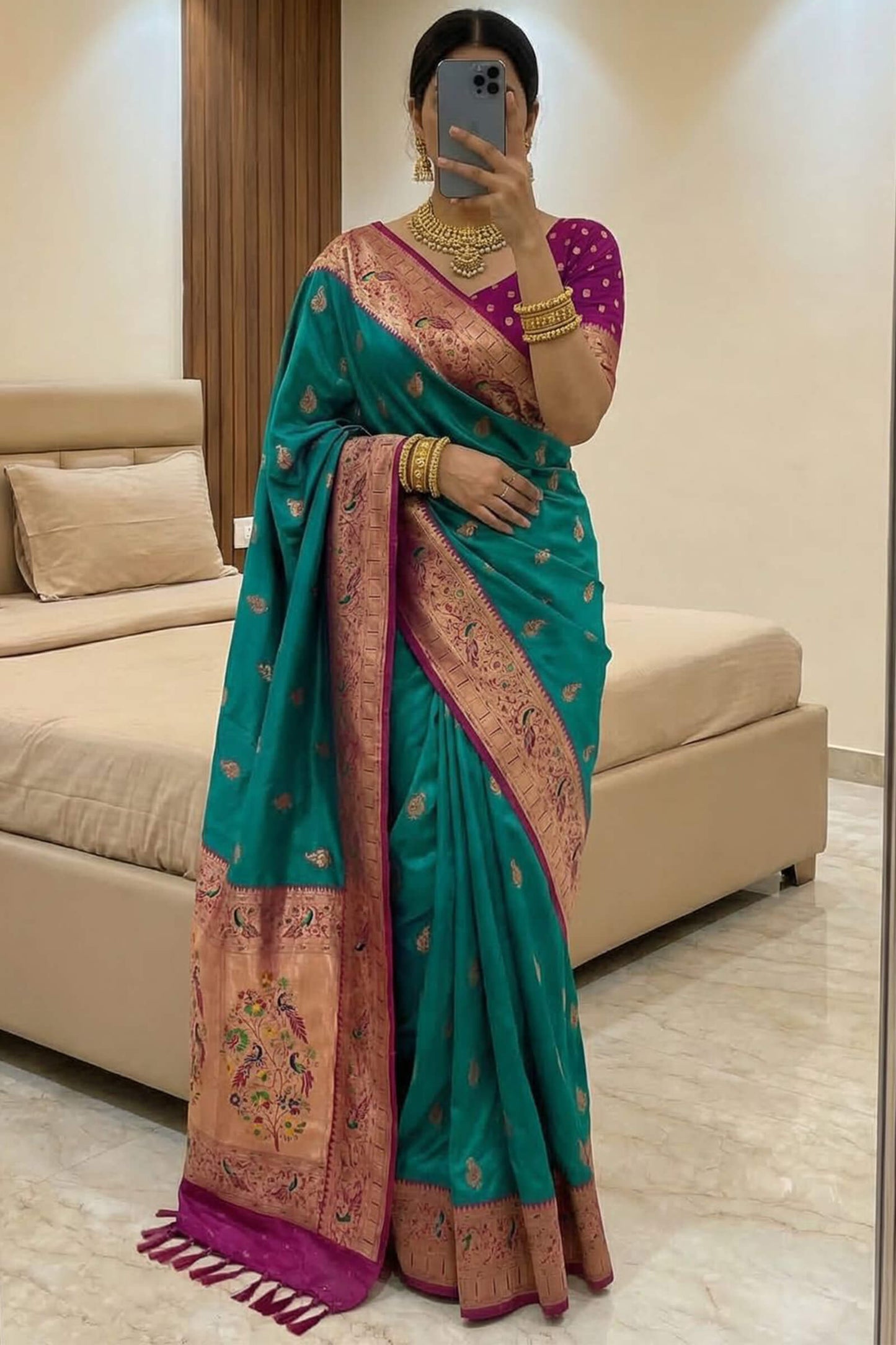 Unique Green Paithani Silk Saree With Diaphanous Blouse Piece