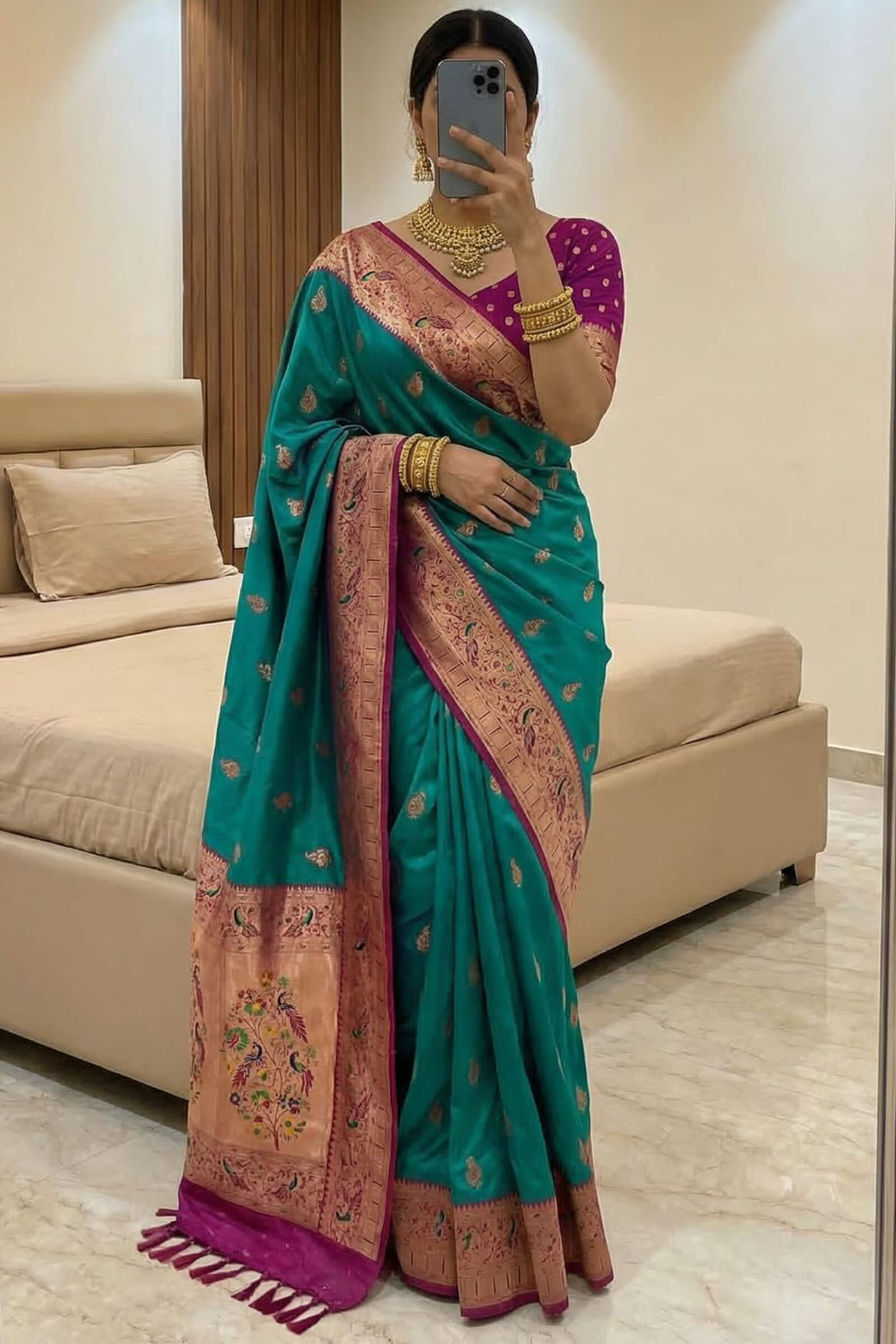 Unique Green Paithani Silk Saree With Diaphanous Blouse Piece