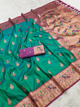 Unique Green Paithani Silk Saree With Diaphanous Blouse Piece