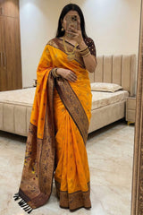 Elaborate Orange Paithani Silk Saree With Denouement Blouse Piece
