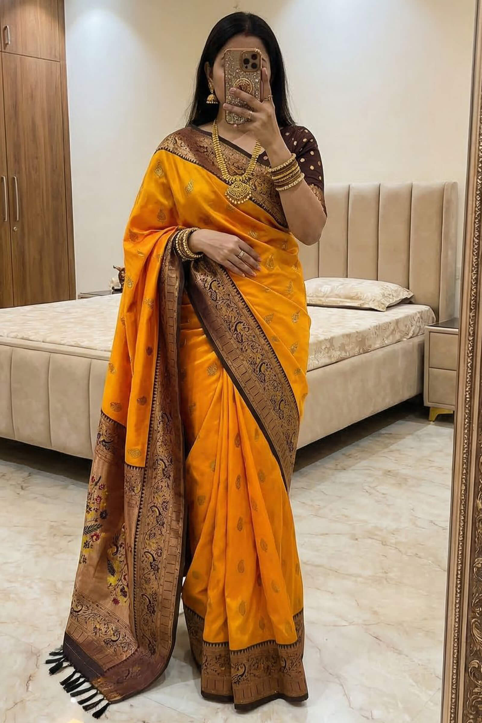 Elaborate Orange Paithani Silk Saree With Denouement Blouse Piece
