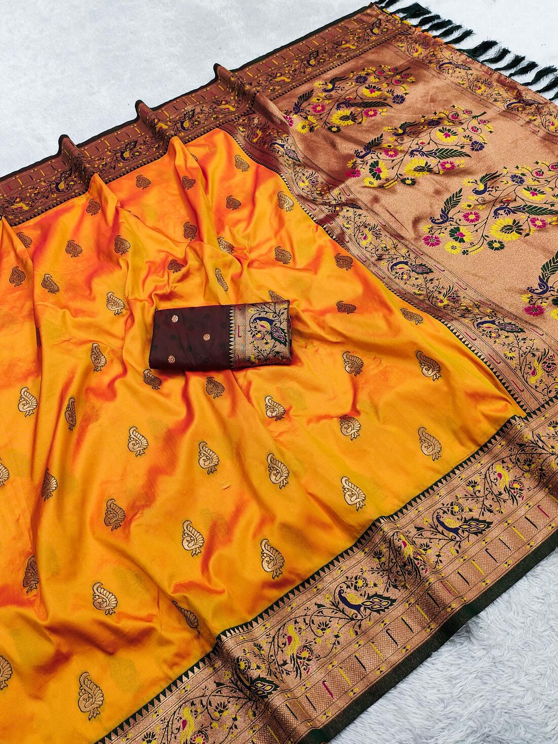 Elaborate Orange Paithani Silk Saree With Denouement Blouse Piece