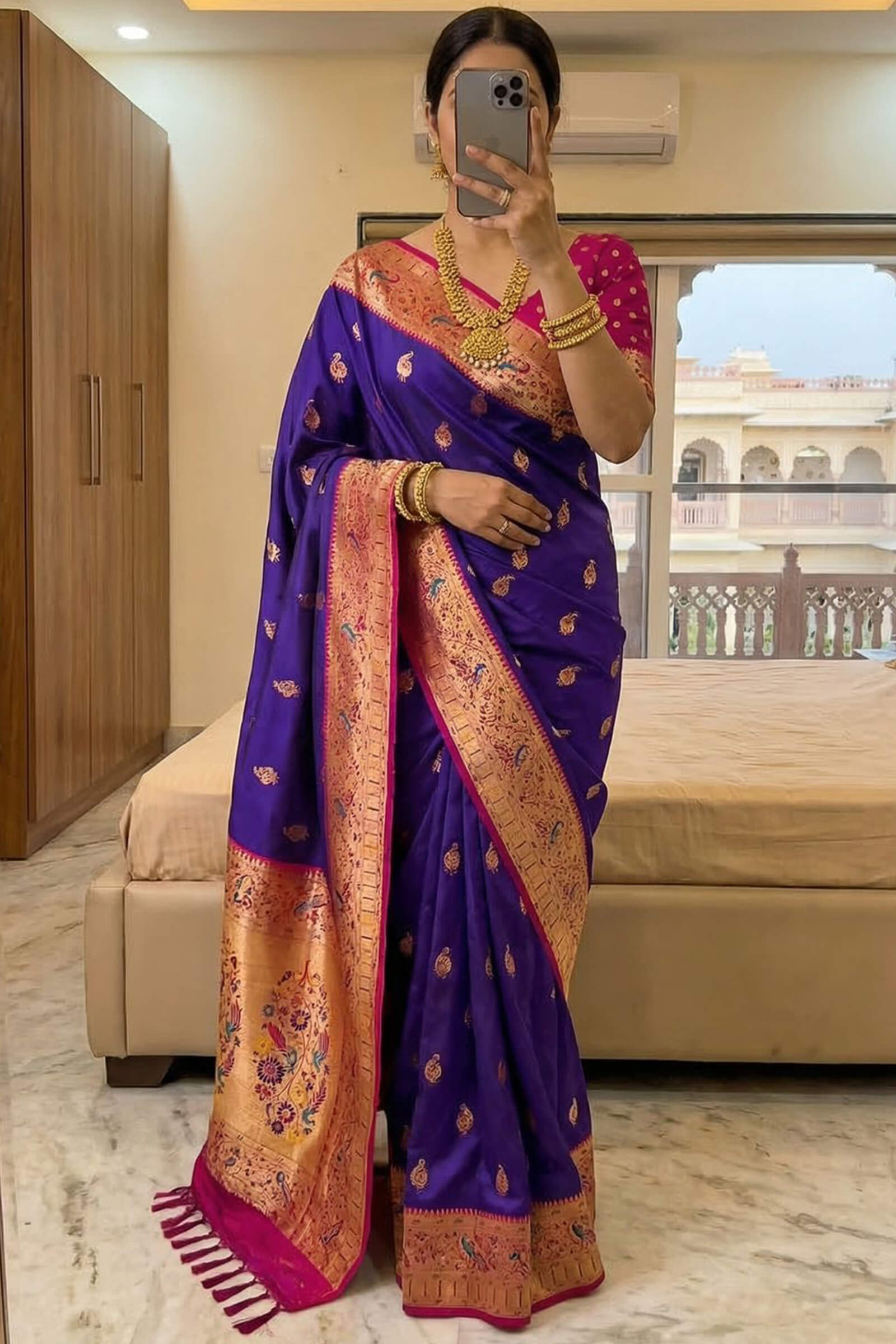 Stunning Royal Blue Paithani Silk Saree With Palimpsest Blouse Piece