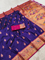 Stunning Royal Blue Paithani Silk Saree With Palimpsest Blouse Piece