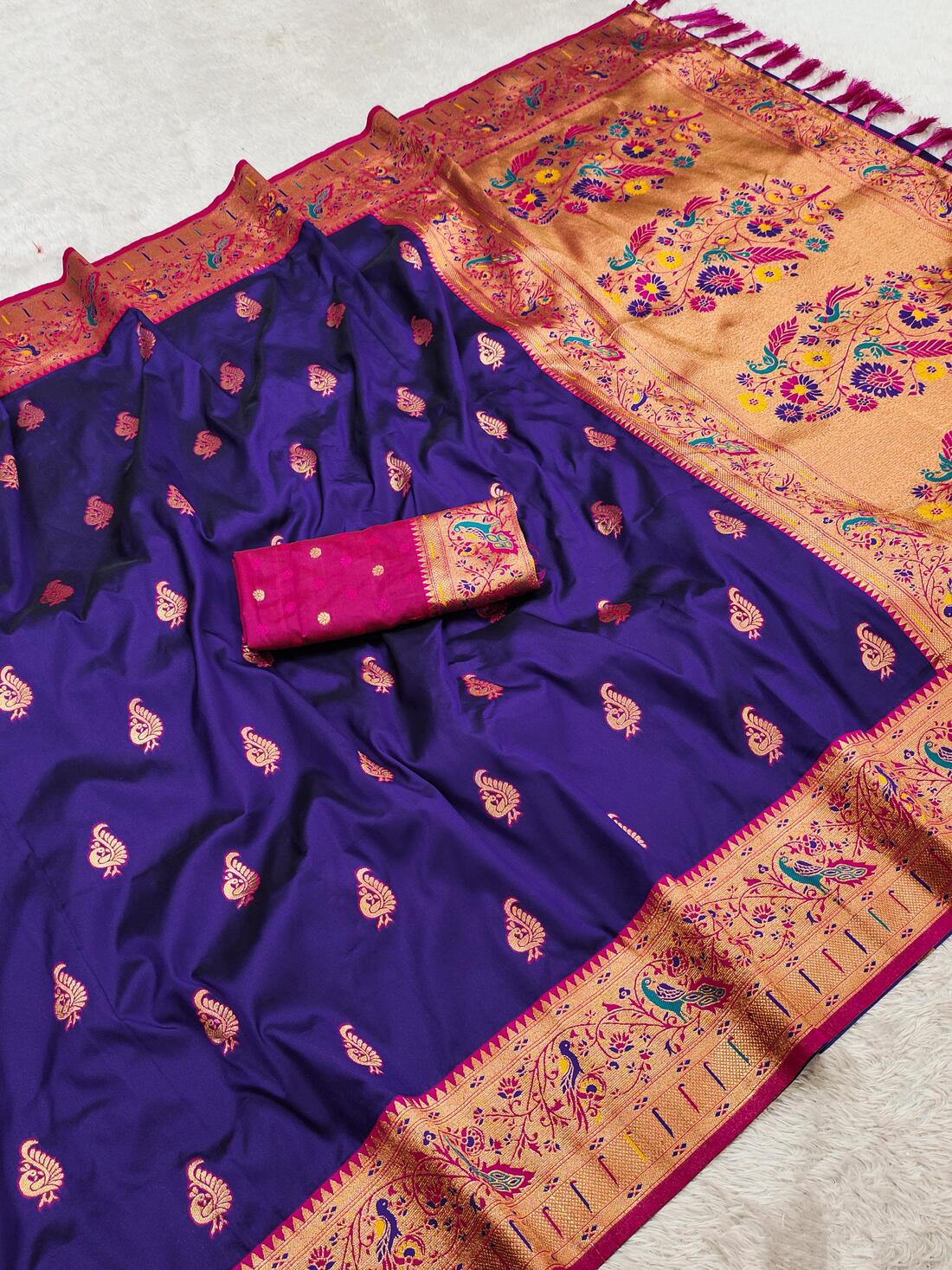 Stunning Royal Blue Paithani Silk Saree With Palimpsest Blouse Piece