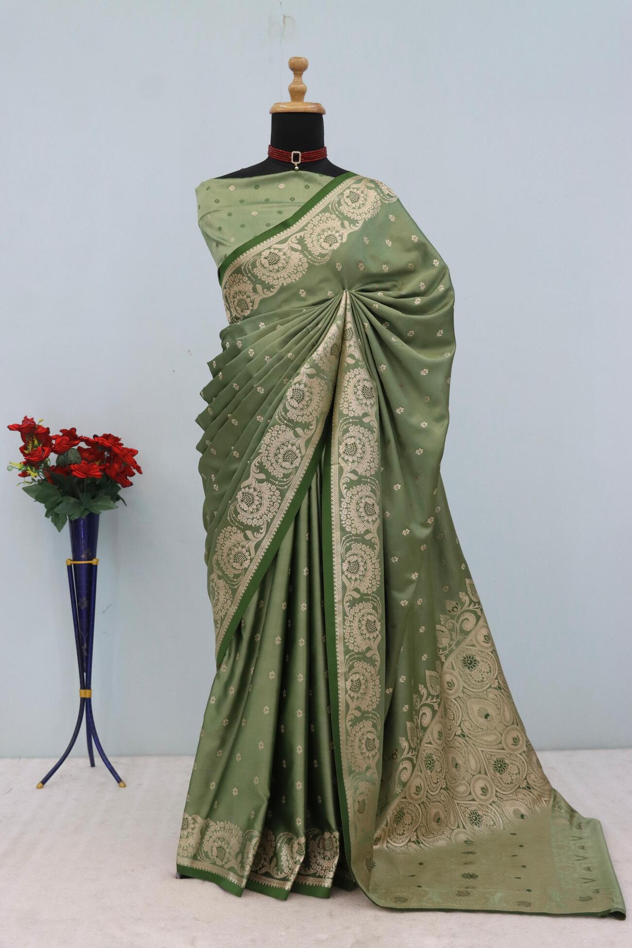 Twirling Green Banarasi Satin Silk Saree With Bucolic Blouse