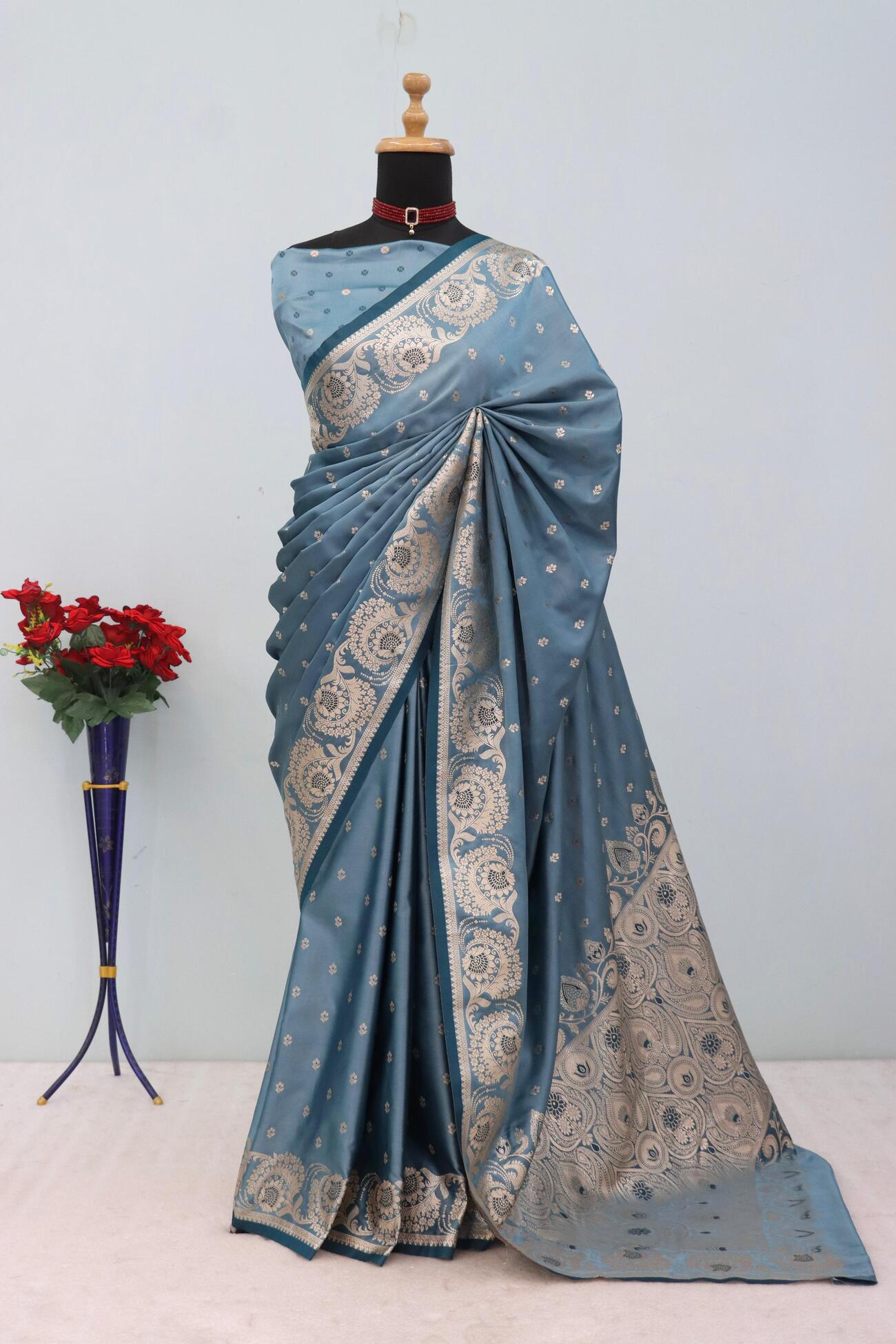 Ethereal Grey Banarasi Satin Silk Saree With Luxuriant Blouse