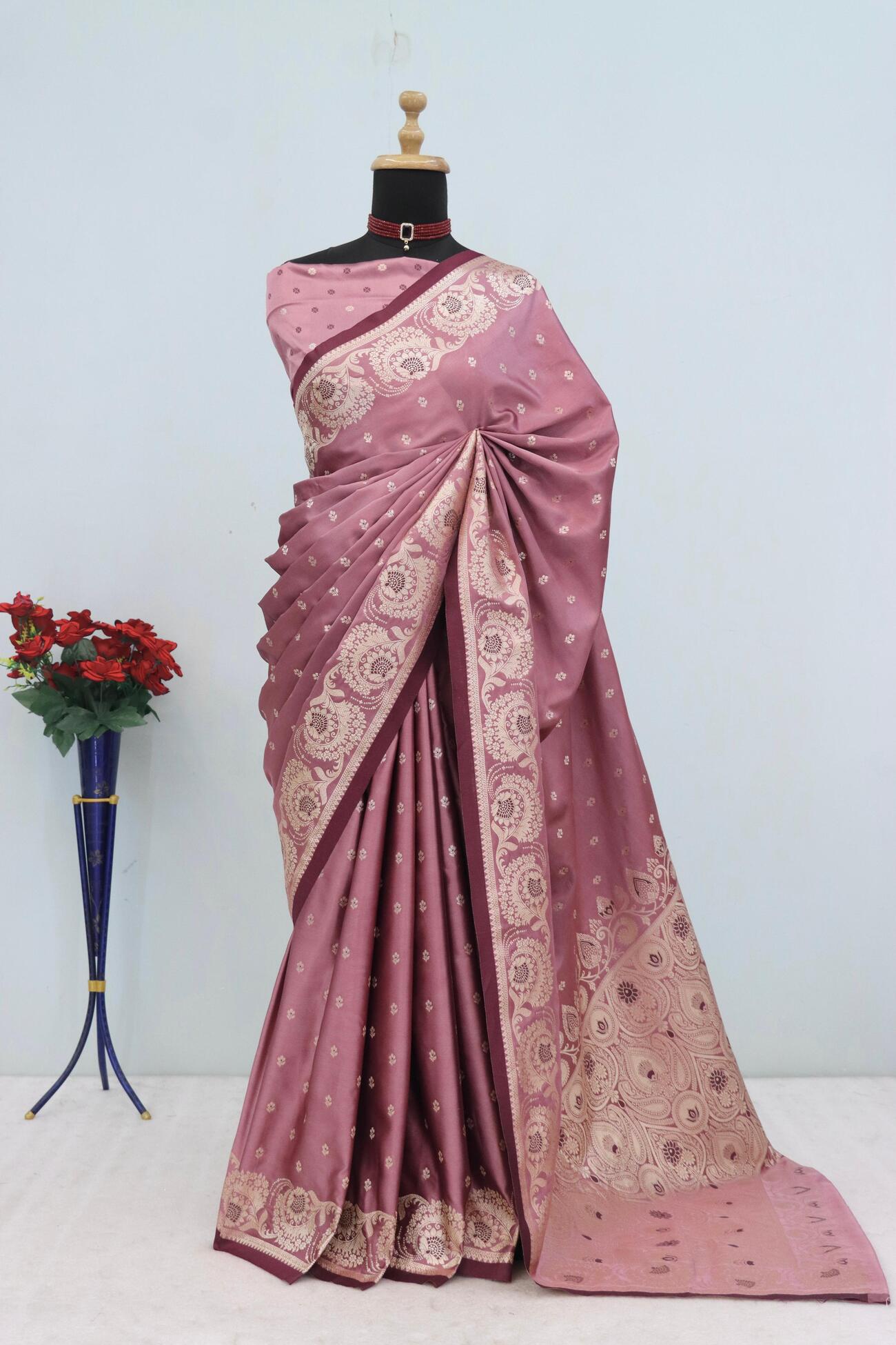 Eye-catching Pink Banarasi Satin Silk Saree With Innovative Blouse