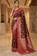 Effulgent Brown Pure Zari Weaving Banarasi Silk Saree With Unequalled Blouse Piece