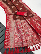 Effulgent Brown Pure Zari Weaving Banarasi Silk Saree With Unequalled Blouse Piece