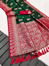 Allure Dark Green Pure Zari Weaving Banarasi Silk Saree With Classic Blouse Piece