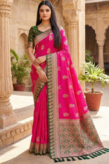 Exquisite Dark Pink Pure Zari Weaving Banarasi Silk Saree With Demanding Blouse Piece