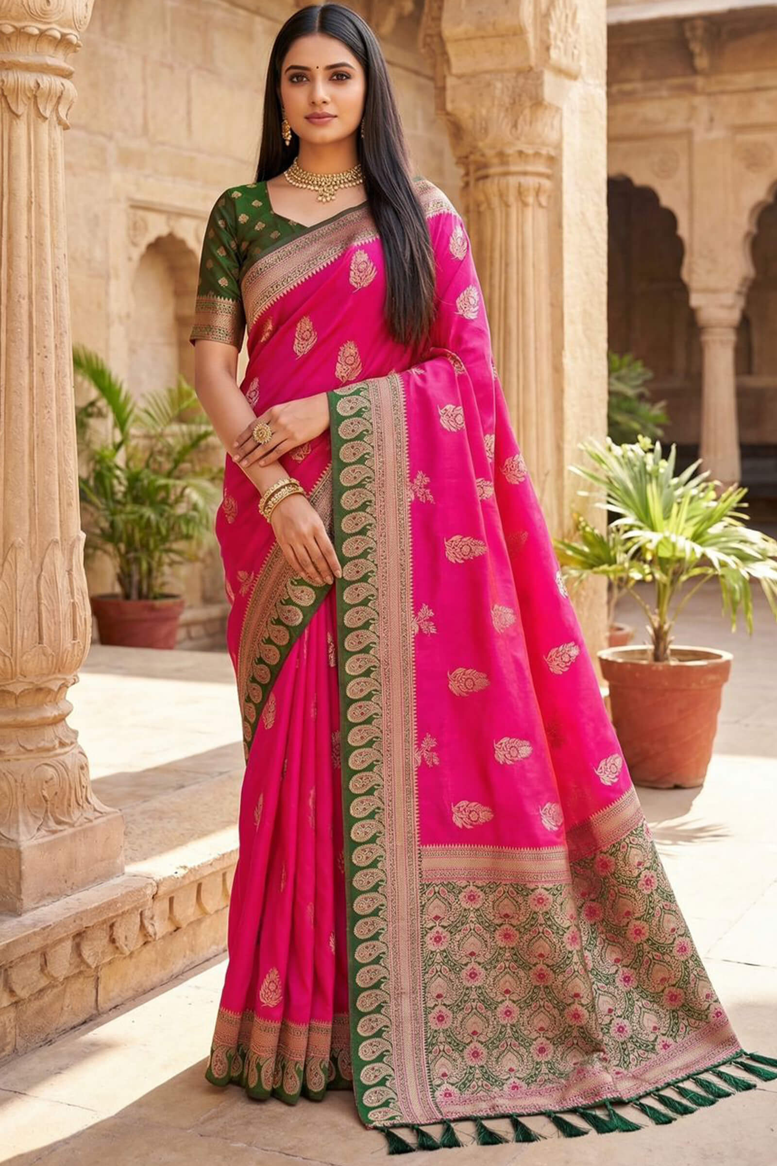 Exquisite Dark Pink Pure Zari Weaving Banarasi Silk Saree With Demanding Blouse Piece