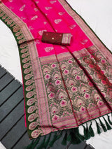 Exquisite Dark Pink Pure Zari Weaving Banarasi Silk Saree With Demanding Blouse Piece