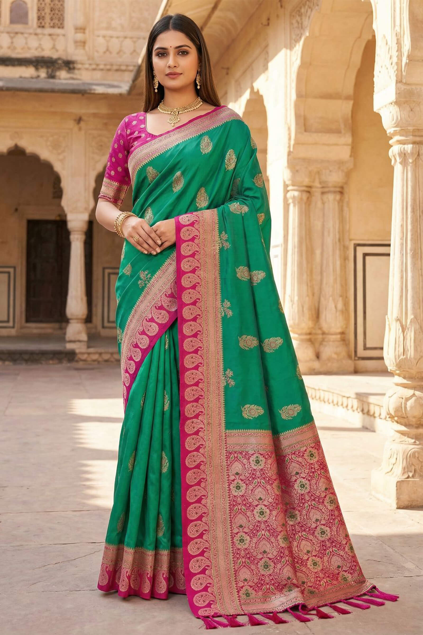 Evocative Green Pure Zari Weaving Banarasi Silk Saree With Staggering Blouse Piece